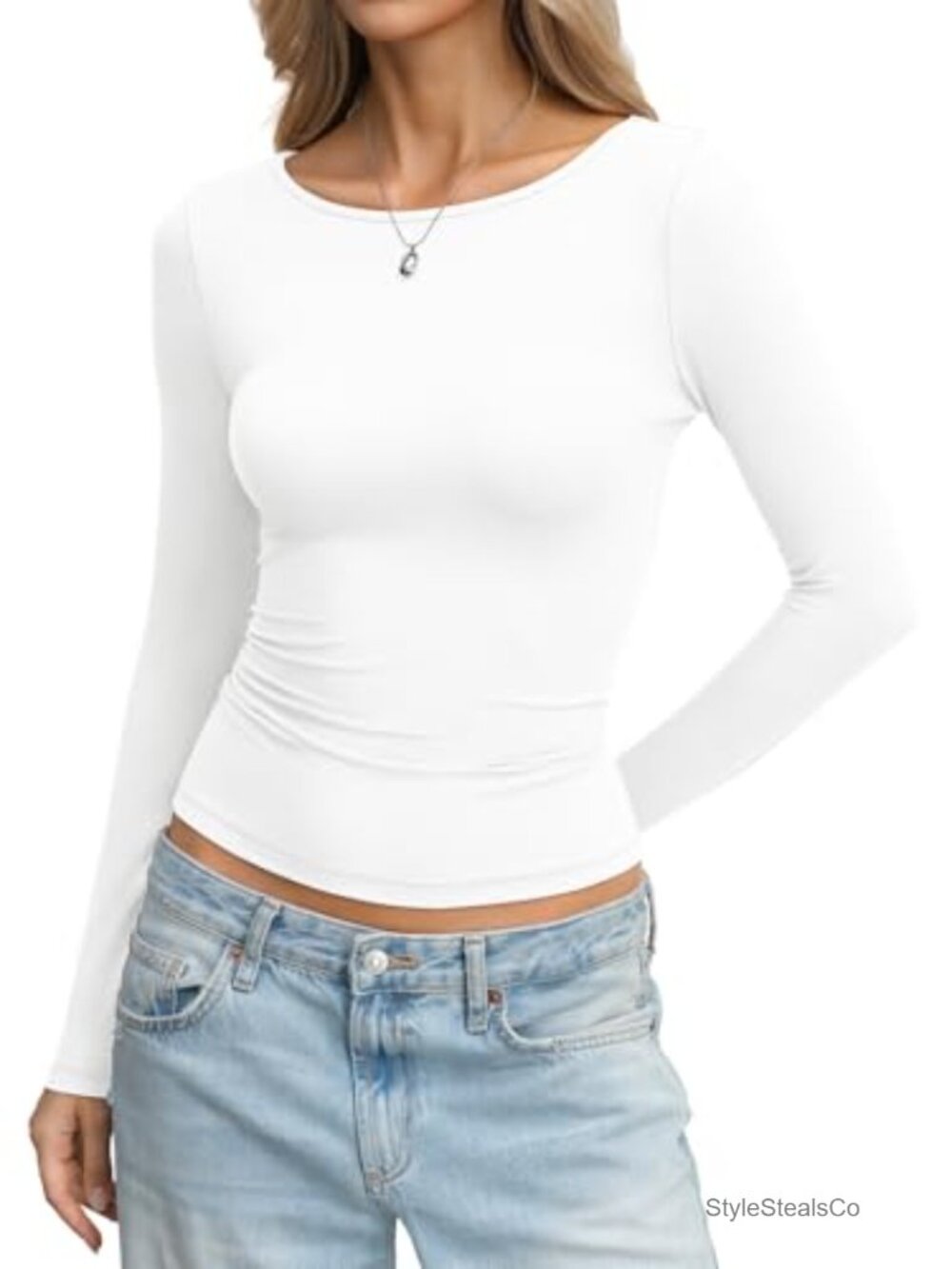 Womens Boat Neck Long Sleeve Slim Fit T-Shirt 88% Polyester 12% Elastane Basic